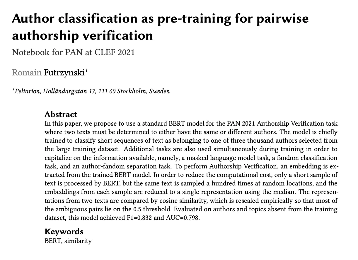 Title and abstract of the PAN at CLEF 2021 paper “Author classification as pre-training for pairwise authorship verification” by Romain Futrzynski.