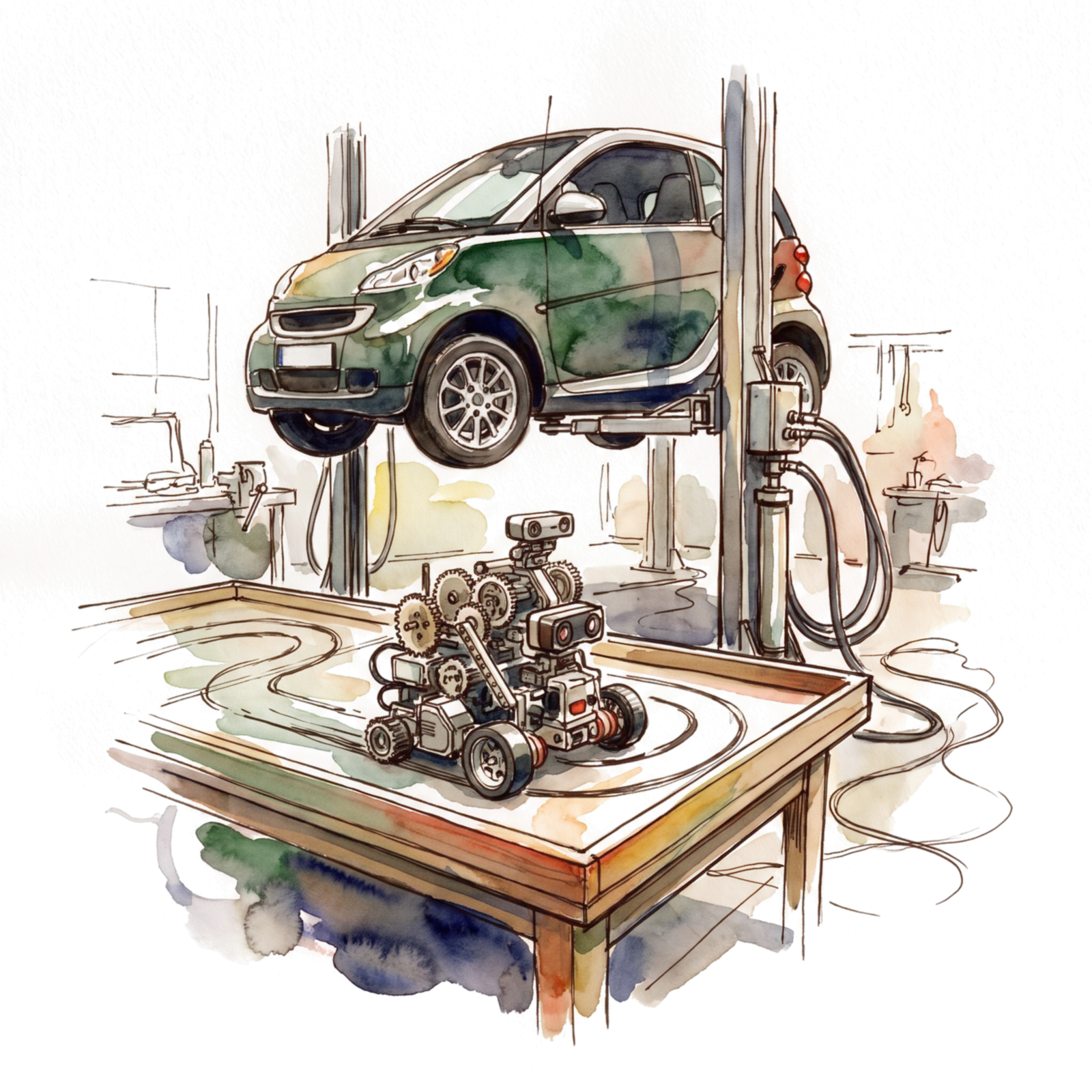 Watercolour sketch: a small competition robot on a table with a painted track, and a compact city car raised on a lift with hydraulic hoses.