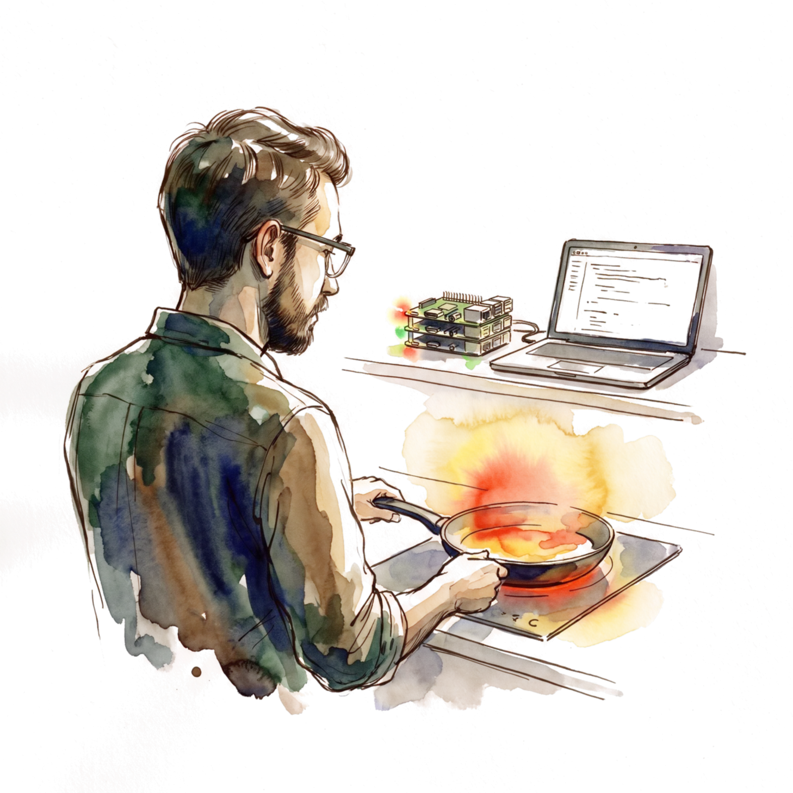 Watercolour sketch: Romain cooking with a skillet that glows like a heat map, next to a shelf with a small stack of Raspberry Pi computers and a laptop.
