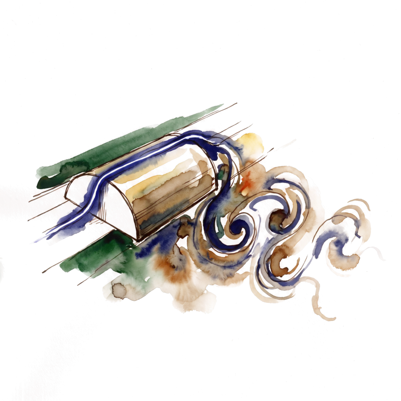 Watercolour sketch: a half-cylinder in a wind tunnel, a thin indigo plasma glow along its surface and a vortex street of ink curling downstream.