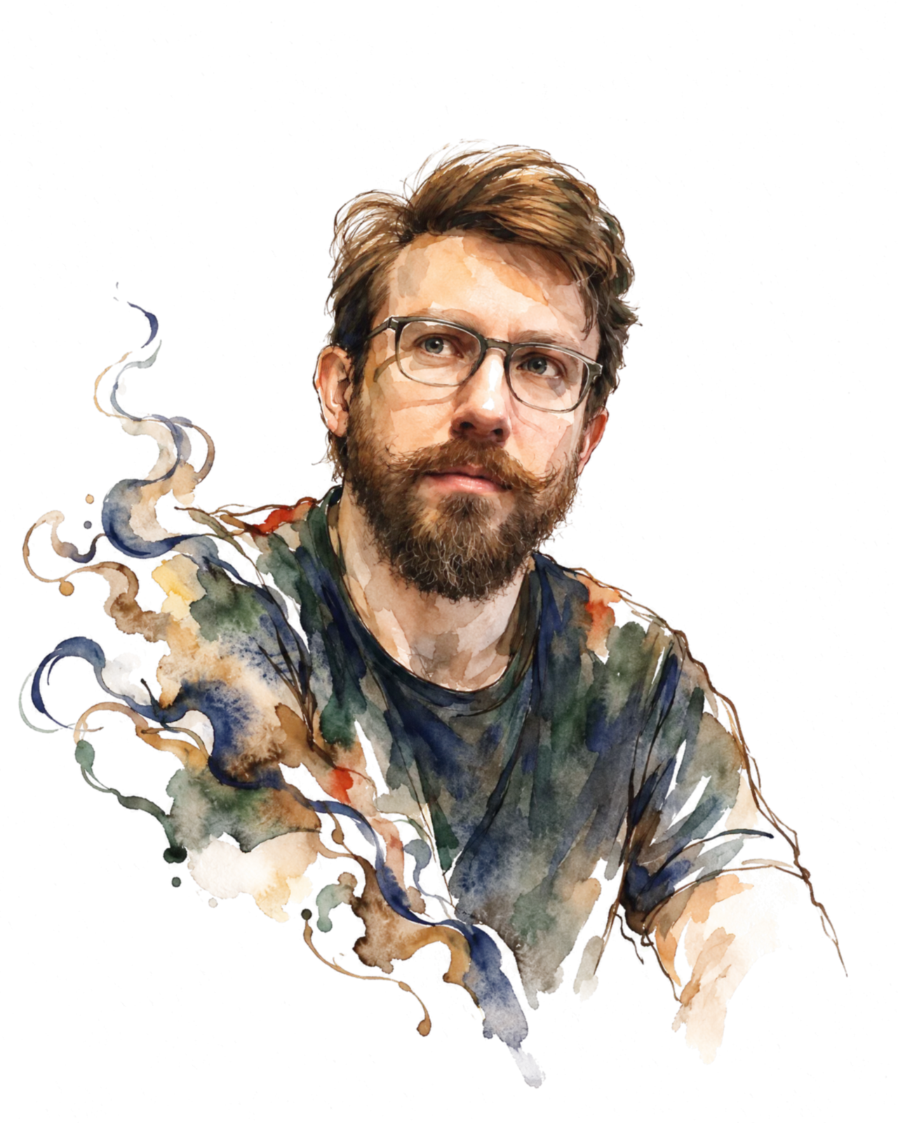 Watercolour portrait of Romain, one side of him dissolving into swirls of ink.